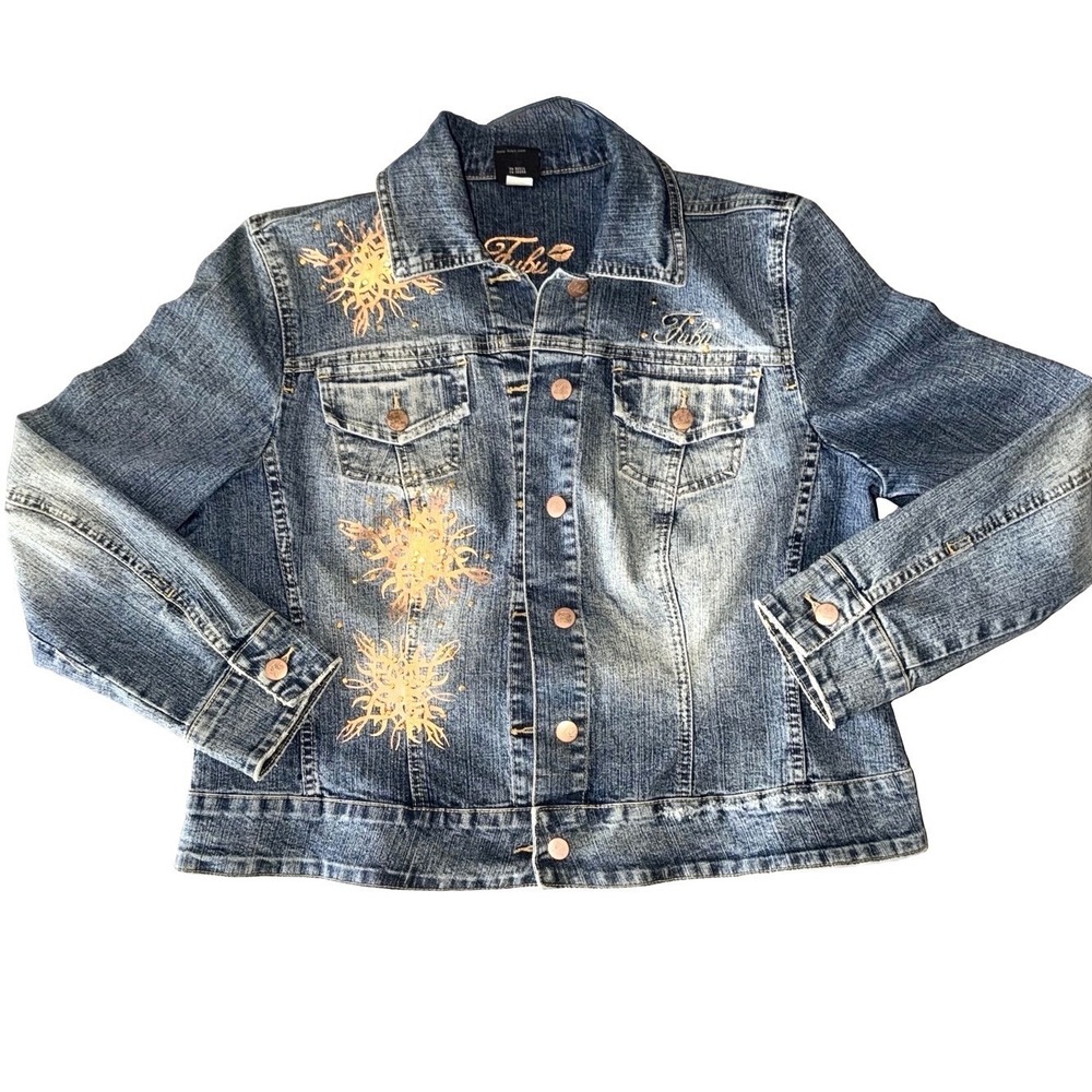 Vintage FUBU The Collection Denim Jacket Medium Wash Sunburst Womens 1X